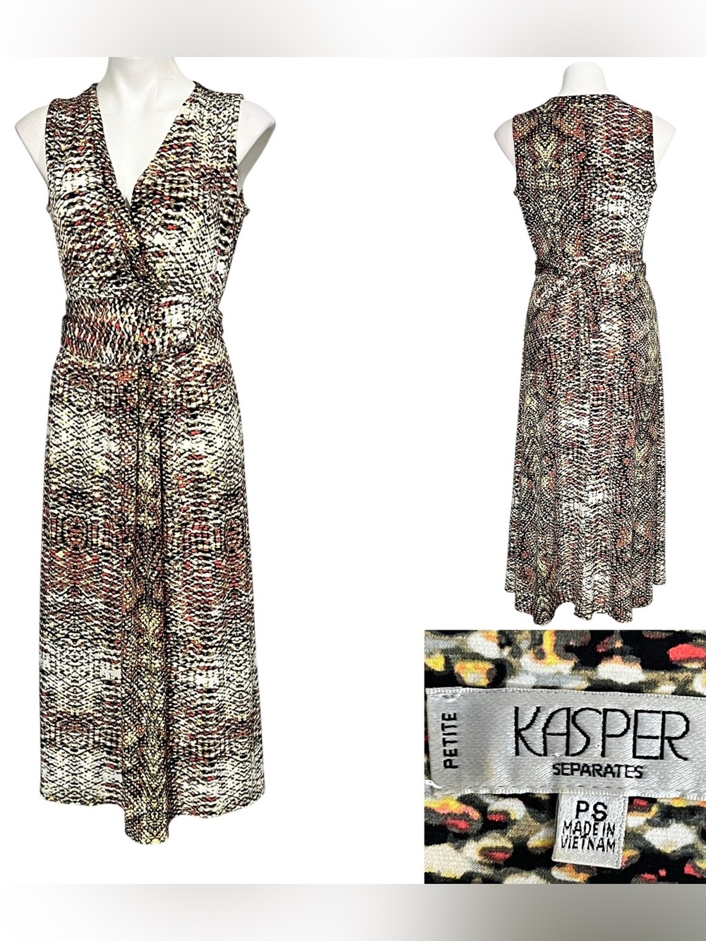Kasper midi‎ dress SP Petite Sleeveless Printed Faux Wrap tie-waist snakeskin
